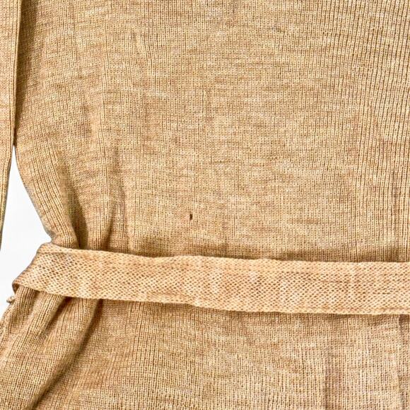 Susana Monaco Belted V-Neck Wool Sweater QuietLuxury L Camel Buttons Pointelle - Picture 9 of 12